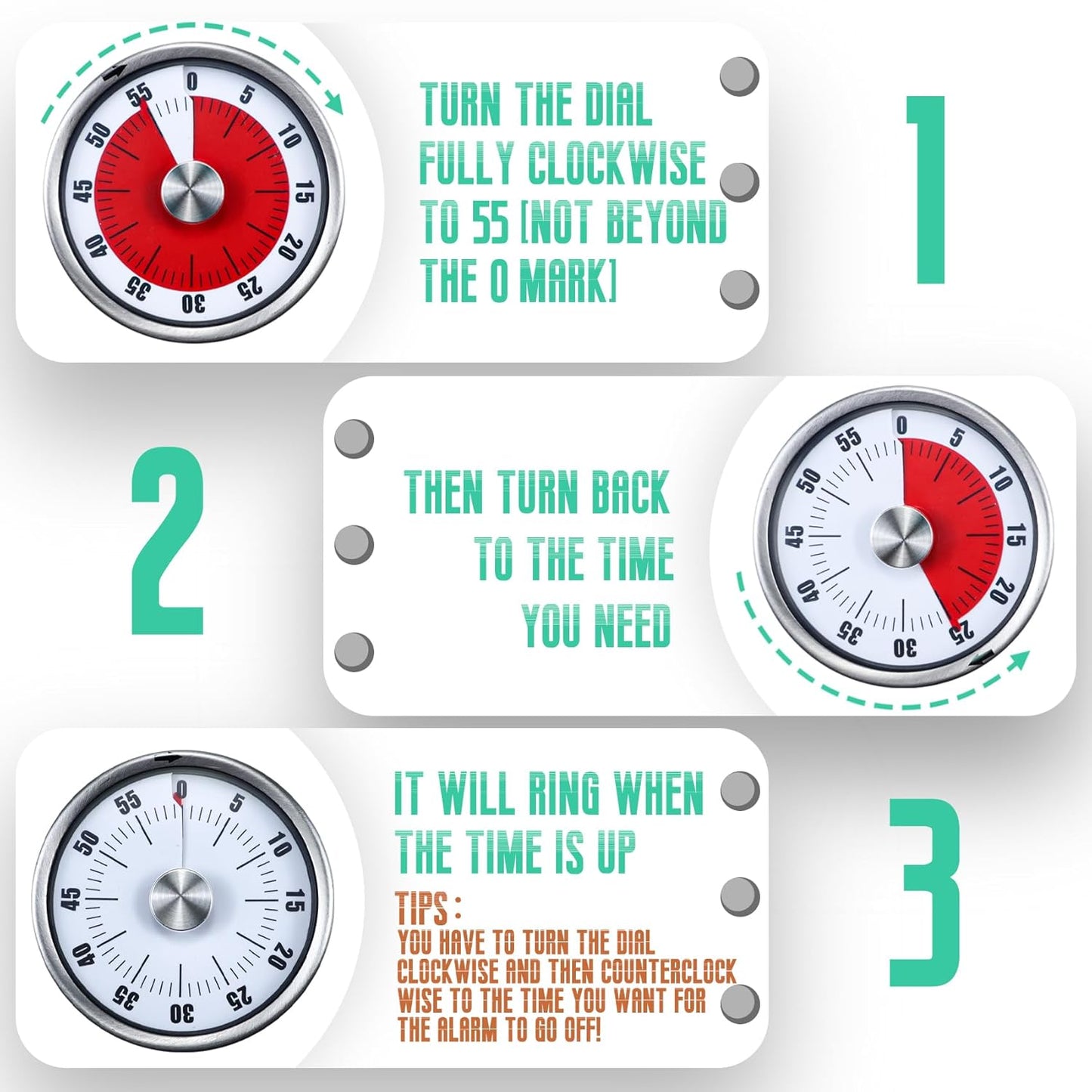 Mechanical Kitchen Timer - Magnetic, Visual, Stainless Steel - No Battery Required