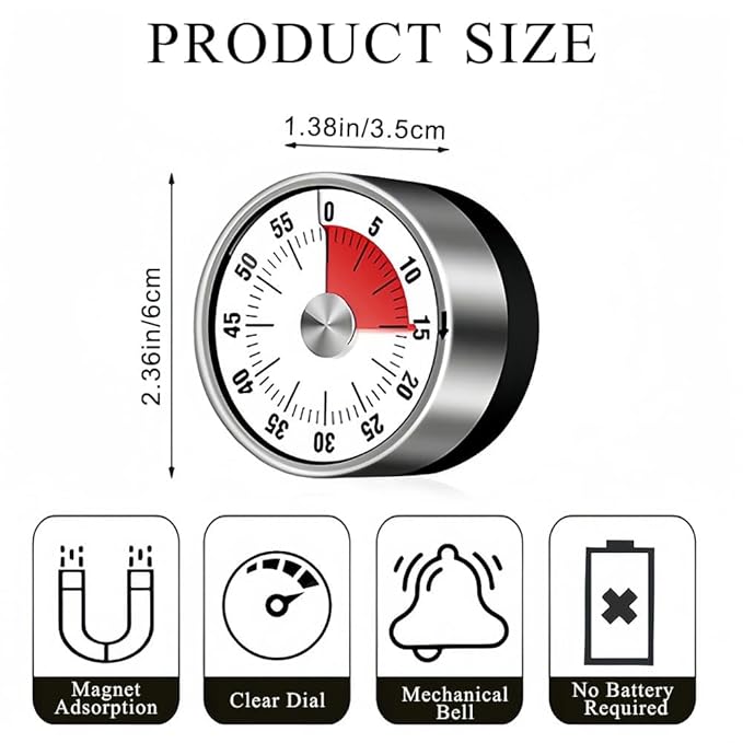 Mechanical Kitchen Timer - Magnetic, Visual, Stainless Steel - No Battery Required