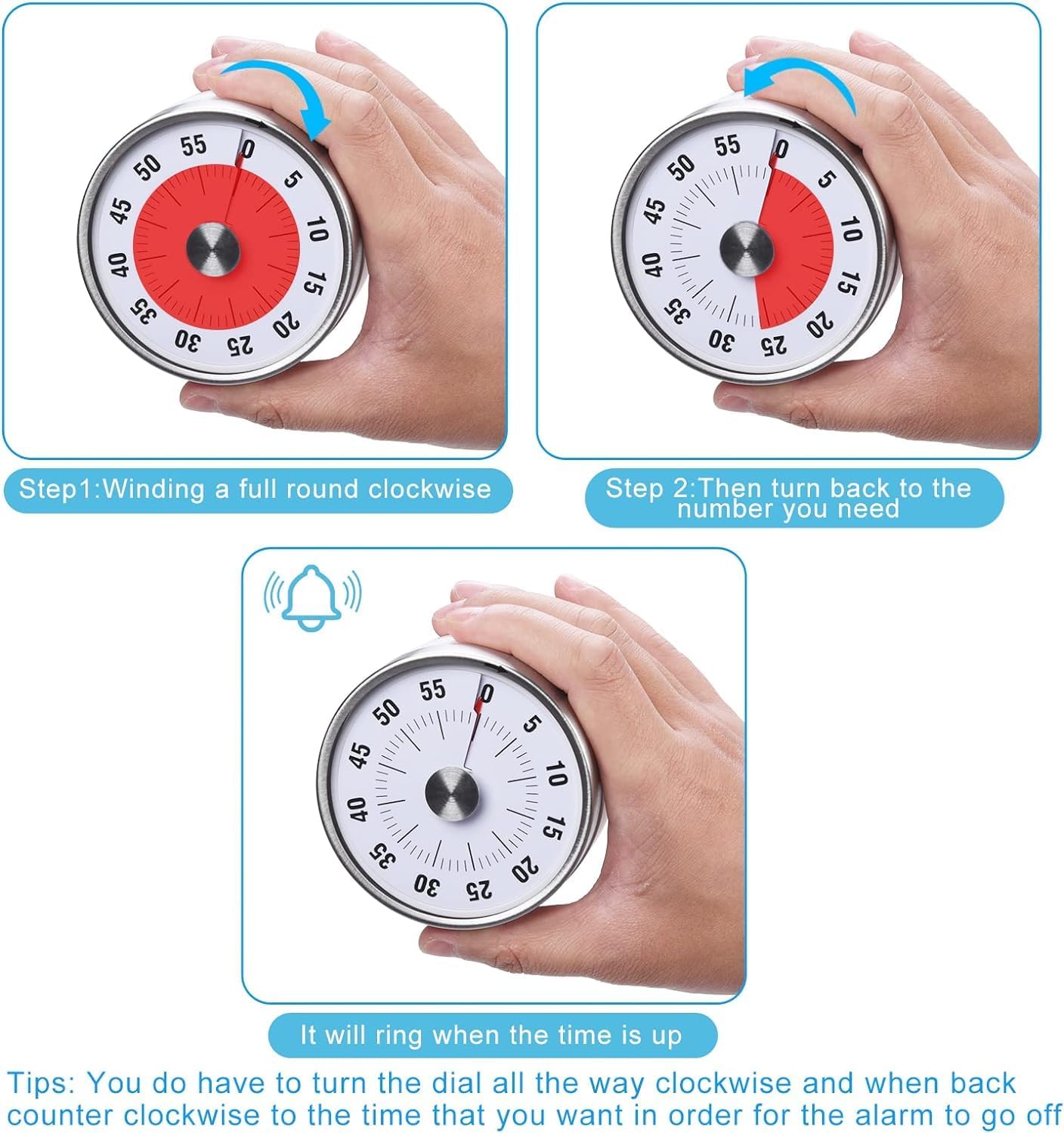 Mechanical Kitchen Timer - Magnetic, Visual, Stainless Steel - No Battery Required
