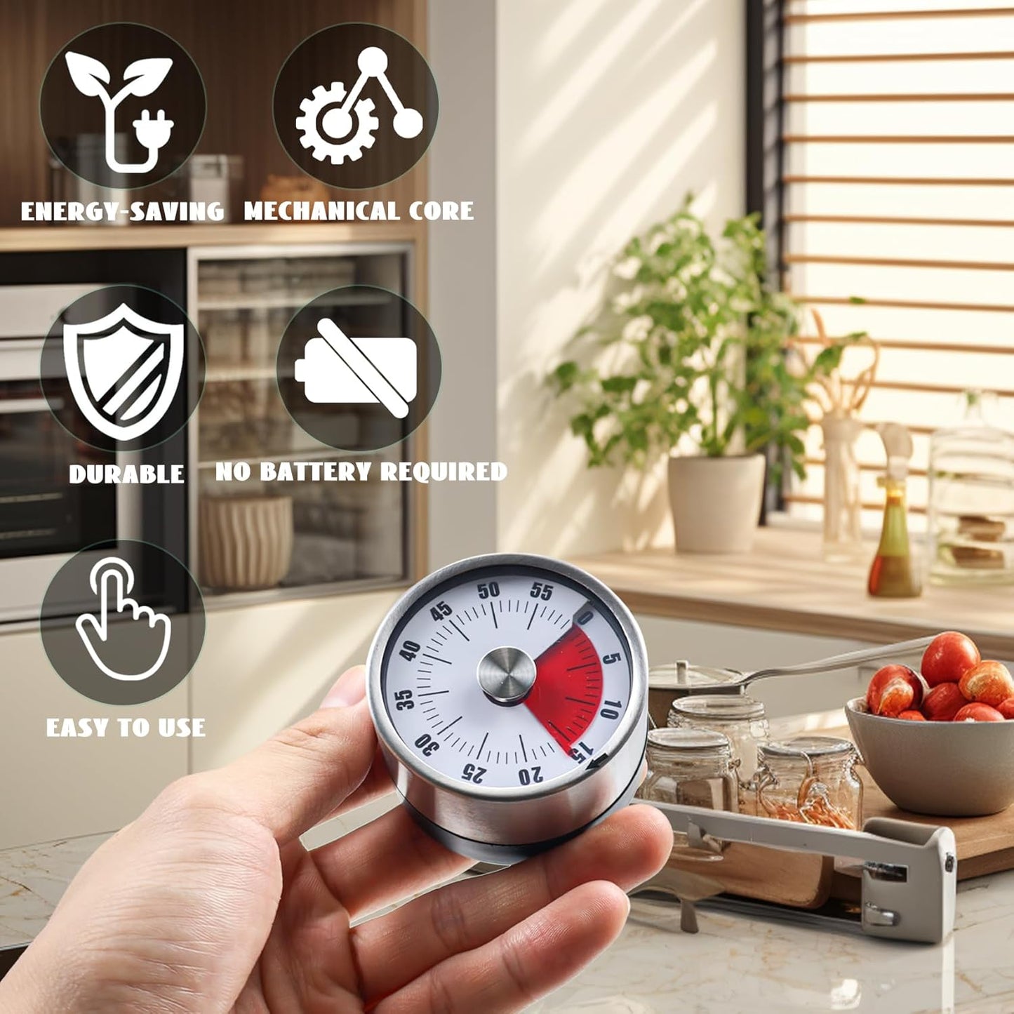 Mechanical Kitchen Timer - Magnetic, Visual, Stainless Steel - No Battery Required